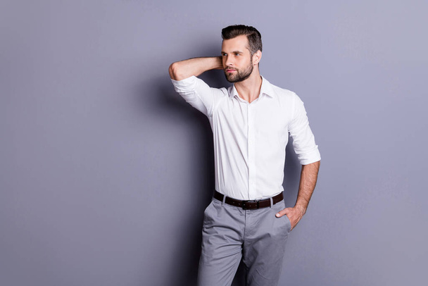 Profile side of charming dream dreamy marketer financier guy touch neck look copyspace enjoy working wear classy white clothes isolated over gray color background - Фото, зображення