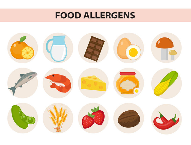 Ikona alergenu pokarmowego zestaw płaski styl. Produkty alergiczne, alergie na posiłki. Odizolowany na białym tle. Ilustracja wektora - Wektor, obraz