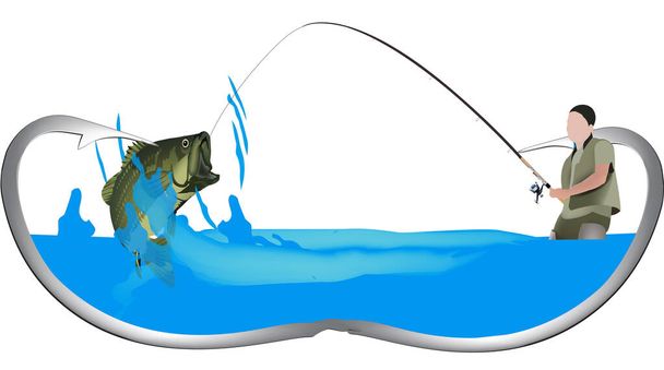 black bass spinning sport fishing sticker - Vector, Image
