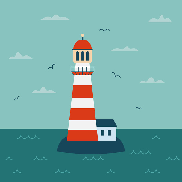 Lighthouse on island in sea with clouds and waves - Vektor, kép