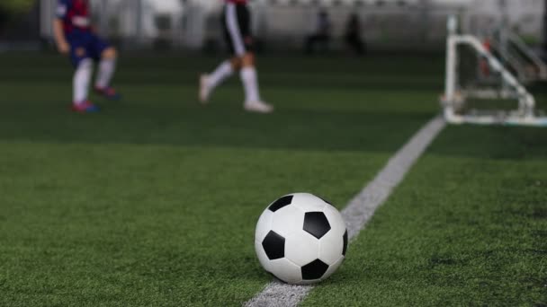 Foci zöld műgyepen, homályos gyerek focicsapat edzéssel. Homályos focista edzés edzővel a fociakadémián. - Felvétel, videó