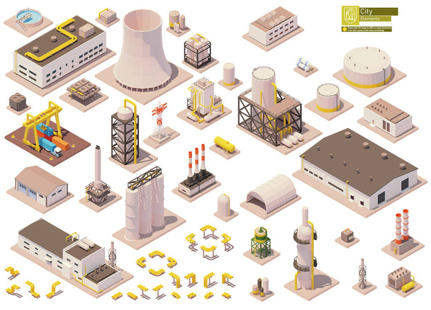 Conjunto de edifícios de fábrica isométricos vetoriais - Vetor, Imagem