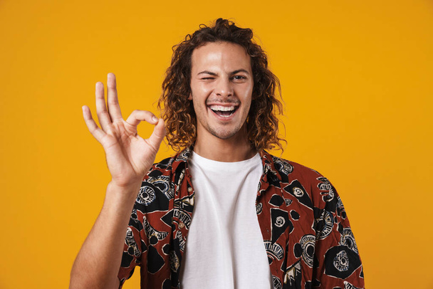 Photo of joyful handsome guy winking and showing ok sign isolated over yellow background - 写真・画像