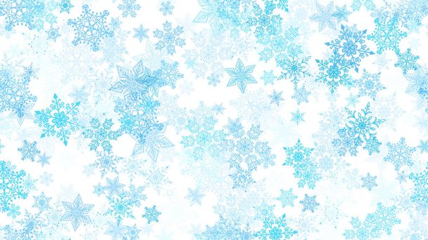  Gyönyörű zökkenőmentes karácsonyi háttér különböző komplex nagy és kis hópelyhek fehér. Modern lapos kialakítás. Nyaralás tapéta. Tél végtelen háttér. Hópelyhek zökkenőmentes minta. Vektor - Vektor, kép