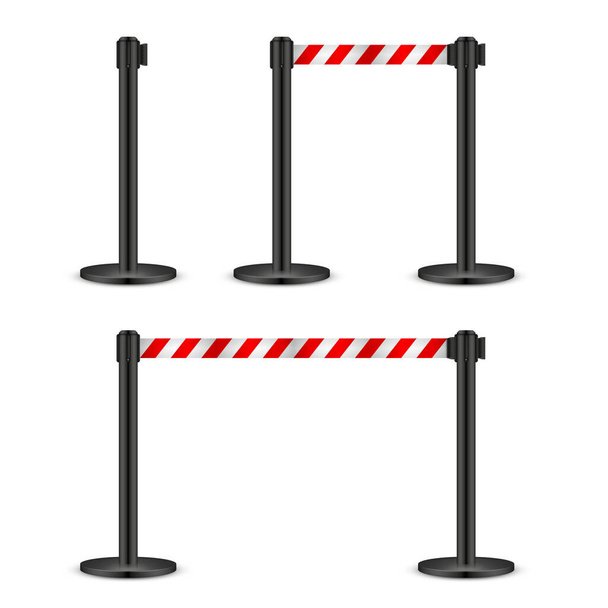 Realistic vector retractable belt stanchion. Crowd control barrier posts with caution strap. Queue lines. Restriction border and danger tape. - Vector, Image