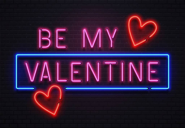 Glowing neon sign be my valentine lettering for celebration. Romantic led illuminated signboard for cafe - ベクター画像