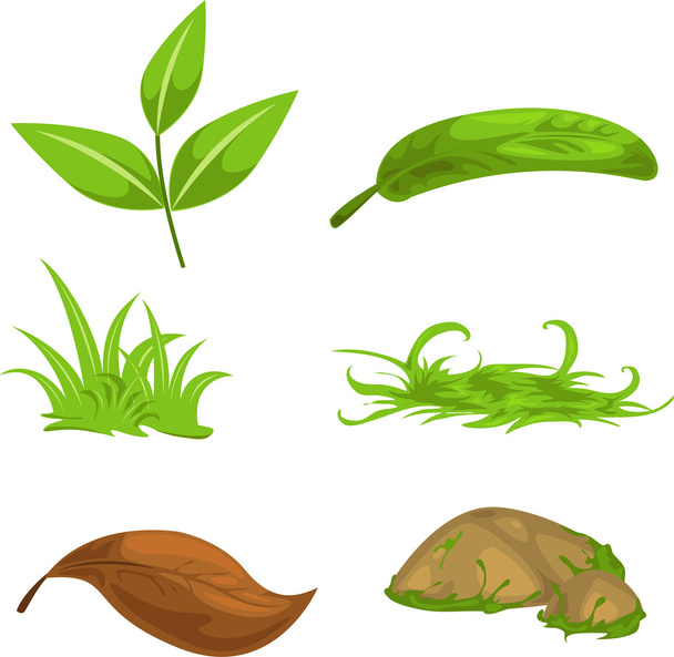 πράσινα φύλλα τσαγιού και πέτρα και γκαζόν - Διάνυσμα, εικόνα