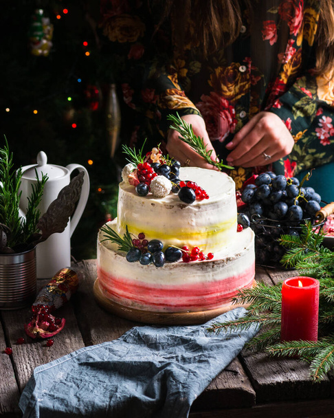 Christmas fruit cake, winter cake, new year cake, xmas, christmas eve, christmas dessert. still life of food - Foto, Imagem