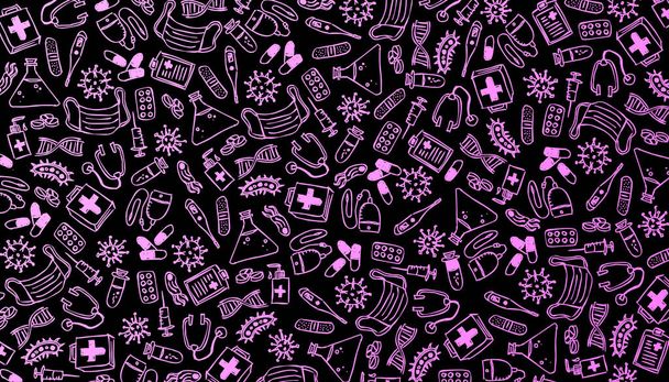 Health care, virus and medicine purple doodle background. Covid 19 illustration 2d pattern isolated. - Photo, Image