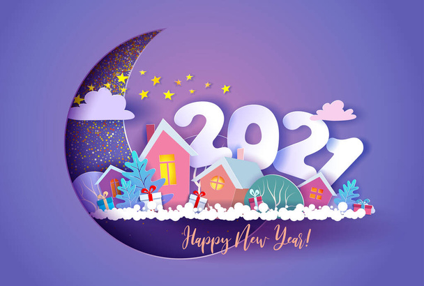 Funny winter village with digits 2021 at night inside of crescent moon. - Vector, Imagen