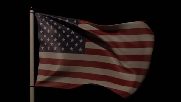 American flag on pole waving in the wind, pitch black background and moody look. 3D rendering / animation. . High quality 4k footage - Footage, Video