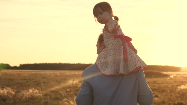 The little daughter rides on neck of her beloved daddy in sun. Happy family dad and child play on the field in rays of a warm sunset. Father and child travel in park in summer. Healthy childhood. - Footage, Video