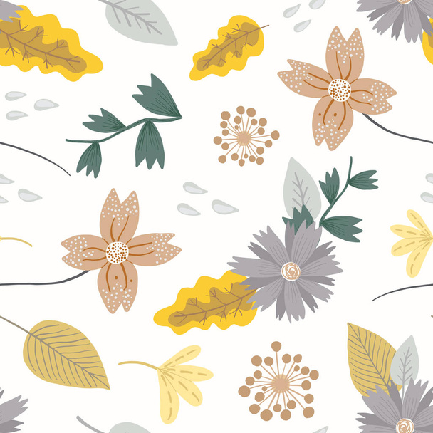 Pastel floral pattern with cute flowers and leaves - Вектор,изображение