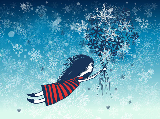 Girl with a bouquet of snowflakes. Christmas card. Vector - Vector, Image