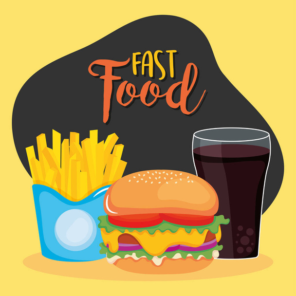 koncept rychlého občerstvení, hamburger s hranolkami a nealkoholickým nápojem, barevný design - Vektor, obrázek