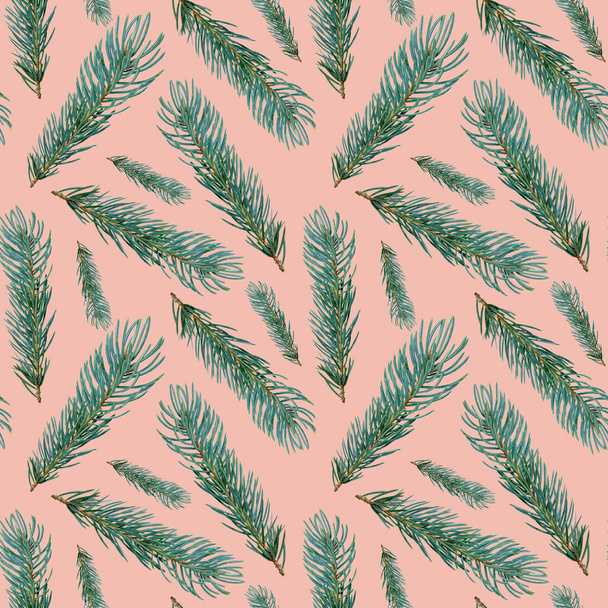 Modèle hivernal sans couture de branches de sapin pelucheux sur fond rose - Photo, image