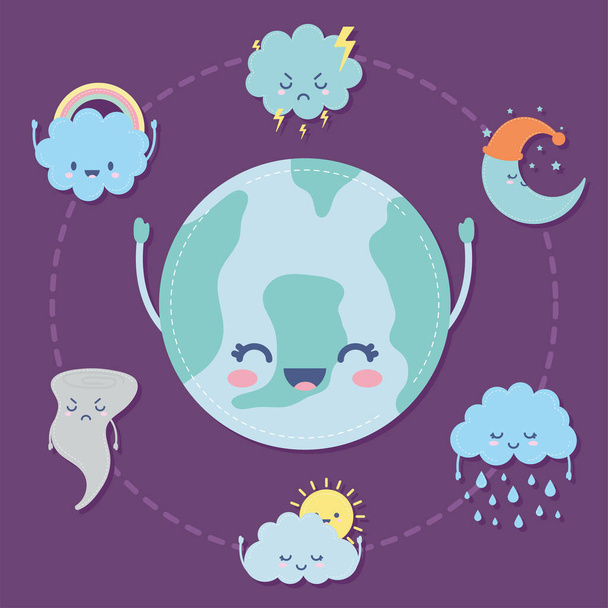 skupina ikon počasí nad fialovým pozadím - Vektor, obrázek