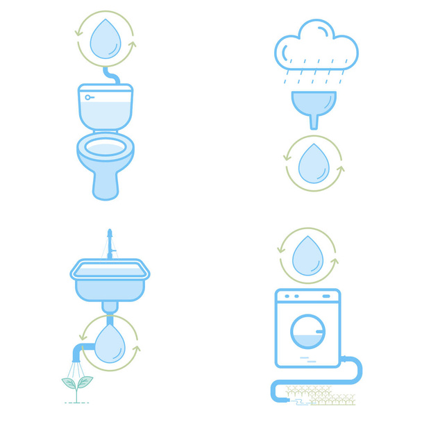 Hoe water te hergebruiken thuis infographic symbool set. Vector illustratie schets plat ontwerp stijl. - Vector, afbeelding