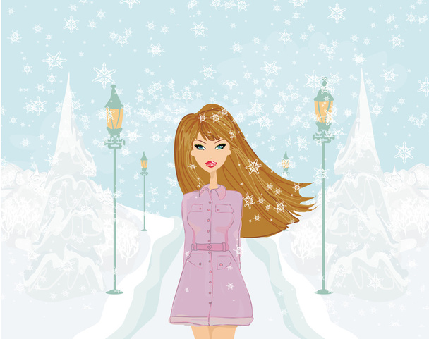 fashion girl on winter landscape - Vector, Image