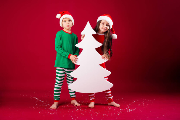brother and sister in festive costumes holding christmas tree shaped decoration - Fotoğraf, Görsel