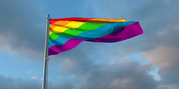 3d rendu du drapeau national des LGBT dans la soirée au coucher du soleil sur un fond de beaux nuages - Photo, image