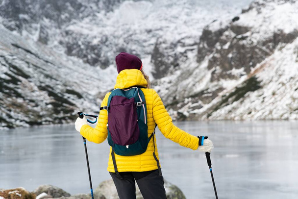 Sırt çantalı kadın dağlarda dinleniyor. Direkli yürür ve güzel manzaralara hayrandır.. - Fotoğraf, Görsel