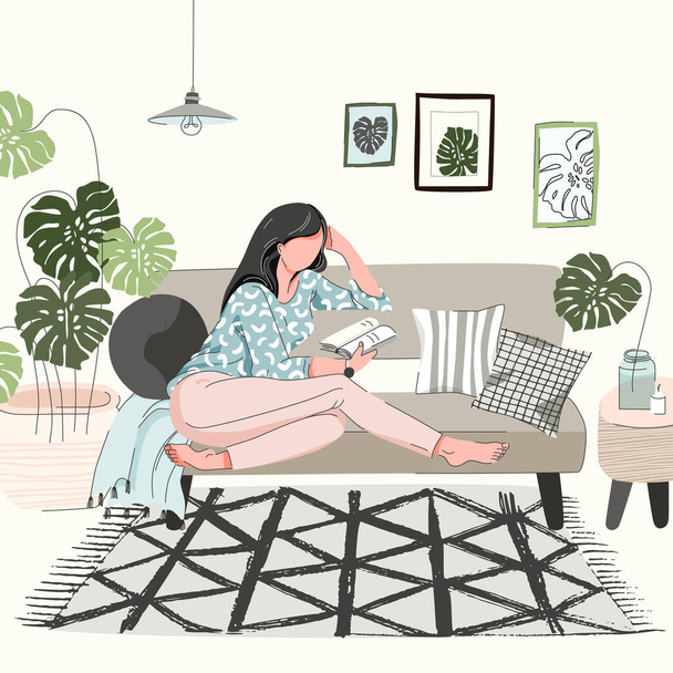 Junge Frau liest ein Buch. Weiße schöne Mädchen in Home-Interieur mit Pflanzen, entspannende Konzepte von zu Hause und Komfort. Mädchenalltag, Alltagsszene. Hobby, Bücherliebhaber, Raumkonzept. - Vektor, Bild