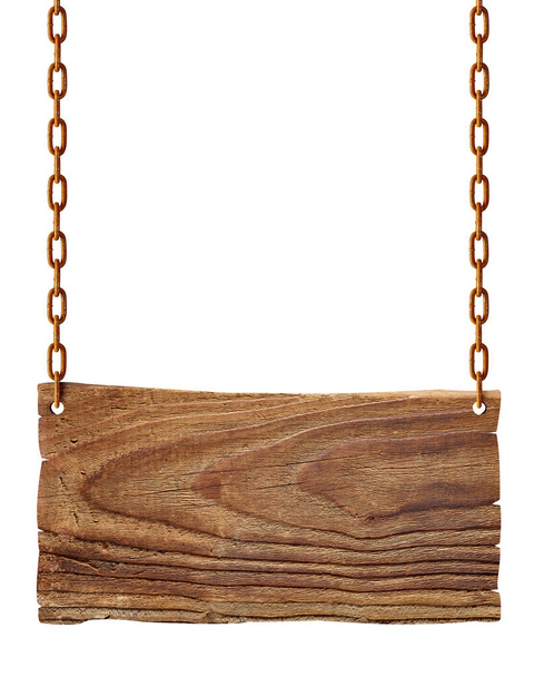 dřevěný prázdný nápis visí s řetězem a lanem na bílém pozadí - Fotografie, Obrázek