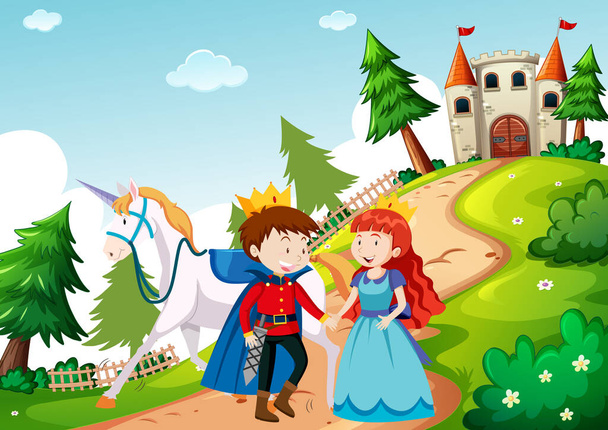 Prince and princess in fairytale land scene illustration - Vector, Image