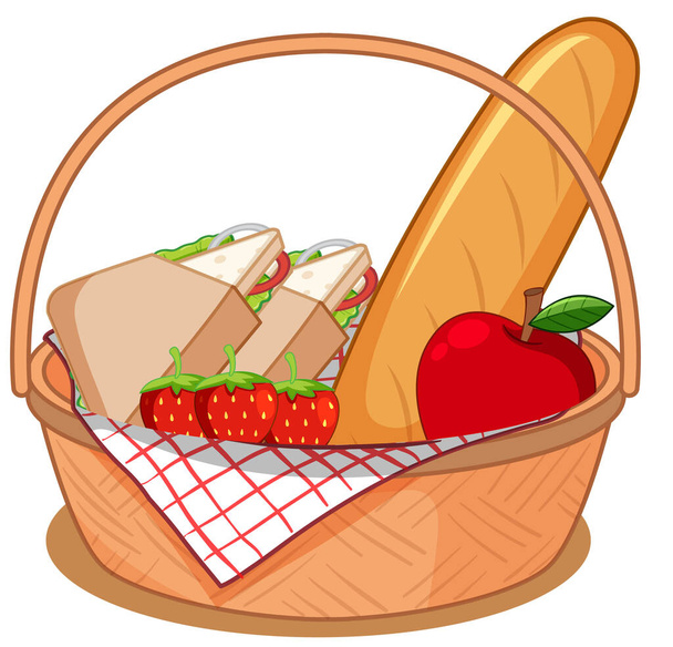Cesta con muchos alimentos para picnic aislado sobre fondo blanco ilustración - Vector, Imagen