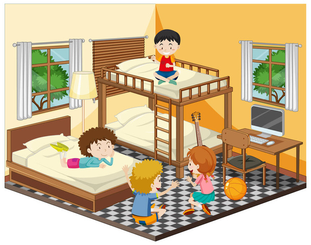 幸せな子供たちは寝室のシーンのイラストで遊ぶ - ベクター画像
