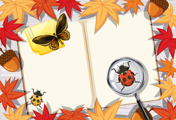 Чистый лист книги на рабочем столе с иллюстрацией элементов листьев и насекомых - Вектор,изображение
