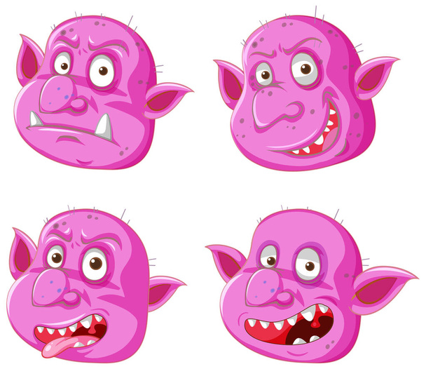 Set von rosafarbenen Kobolden oder Trollgesichtern in verschiedenen Ausdrücken im Cartoon-Stil isolierte Illustration - Vektor, Bild
