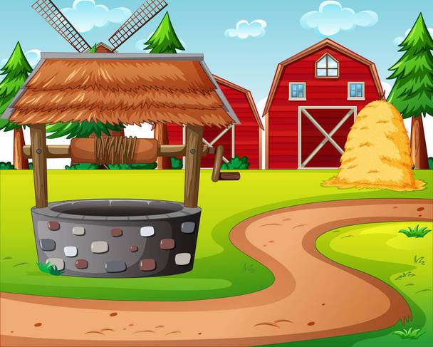 Ferme avec grange rouge et illustration de scène de moulin à vent - Vecteur, image