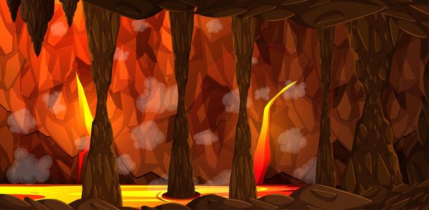 Grotte sombre infernale avec illustration de scène de lave - Vecteur, image