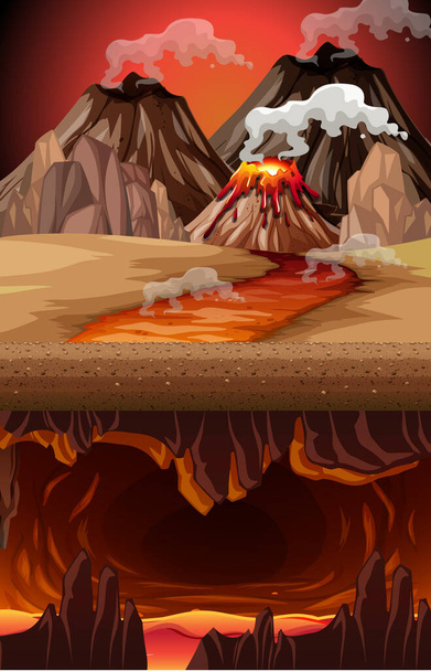 Volcano eruption in nature scene at daytime and infernal cave with lava scene illustration - Vector, Image