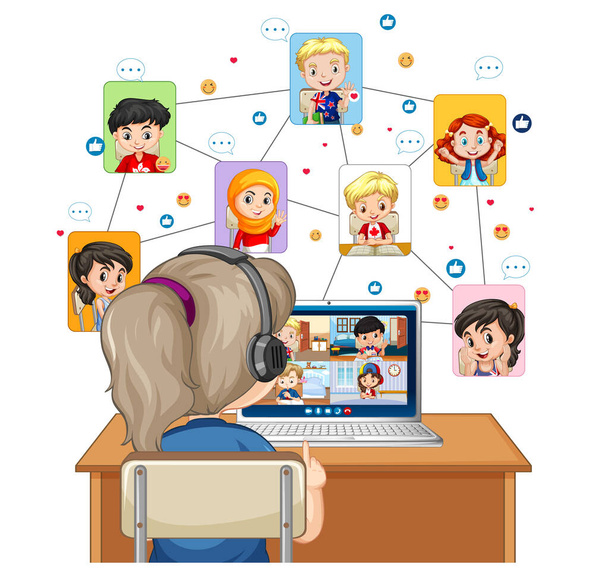 白い背景のイラストでオンライン学習のためのコンピュータを見て女の子のバックビュー - ベクター画像