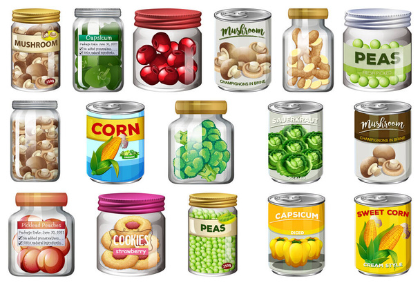 瓶の中のさまざまな缶詰や食品のセット孤立イラスト - ベクター画像