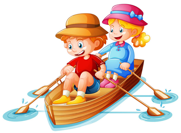 Menino e menina remar o barco no fundo branco ilustração - Vetor, Imagem
