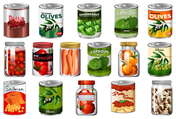 Σύνολο διαφόρων κονσερβοποιημένων τροφίμων και τροφίμων σε βάζα απομονωμένη απεικόνιση - Διάνυσμα, εικόνα