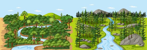 Fluxo em floresta natureza paisagem cena ilustração - Vetor, Imagem