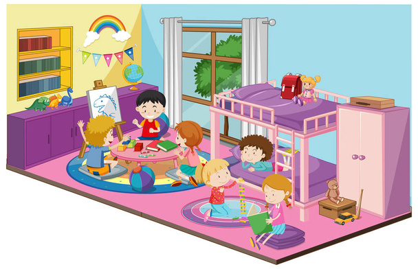Діти в спальні з шубами в фіолетовій темі ілюстрація
 - Вектор, зображення