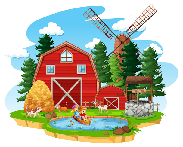Ferme avec grange rouge et moulin à vent sur fond blanc illustration - Vecteur, image