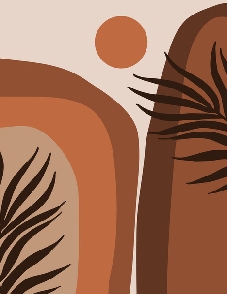 Terracotta zonsondergang berglandschap met tropische bladeren. Modern boho decor behang. Minimale Aziatische landschap natuur voor print, home decor, digitale kunst. Vector midden eeuw stijl illustratie - Vector, afbeelding