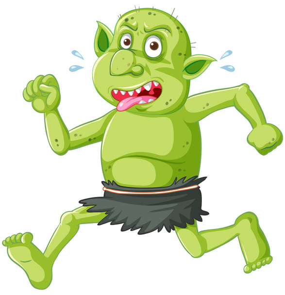 Green goblin or troll running pose with funny face in cartoon character isolated illustration - Vector, Image