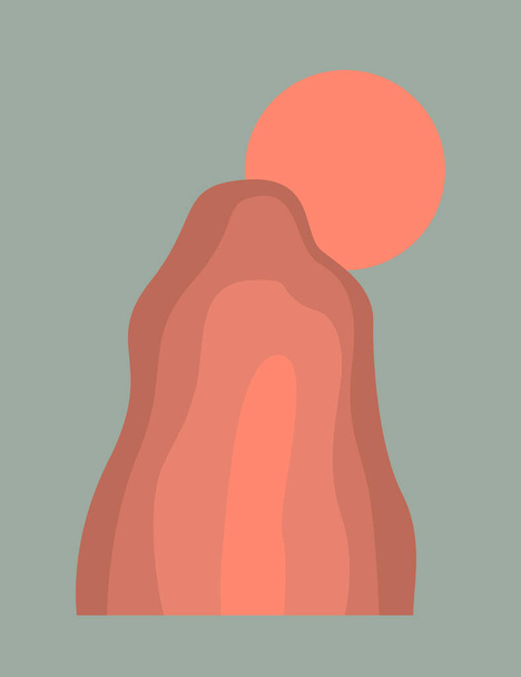 Rózsaszín naplemente hegyi táj. Modern boho dekoráció tapéta. Minimális kínai táj nyomtatáshoz, lakberendezéshez, digitális művészethez. Vektor skandináv stílusú illusztráció - Vektor, kép