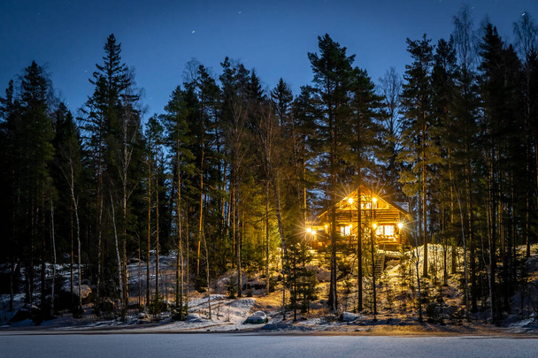 Lake house in winter night - Photo, Image