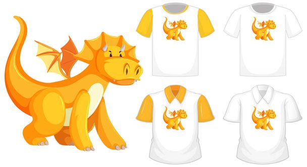 Logo del personaje de dibujos animados Dragon en diferentes camisas blancas con mangas cortas amarillas aisladas sobre fondo blanco ilustración - Vector, imagen
