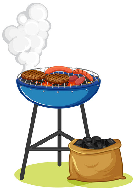 Stufa alla griglia con bistecca e salsiccia su sfondo bianco illustrazione - Vettoriali, immagini