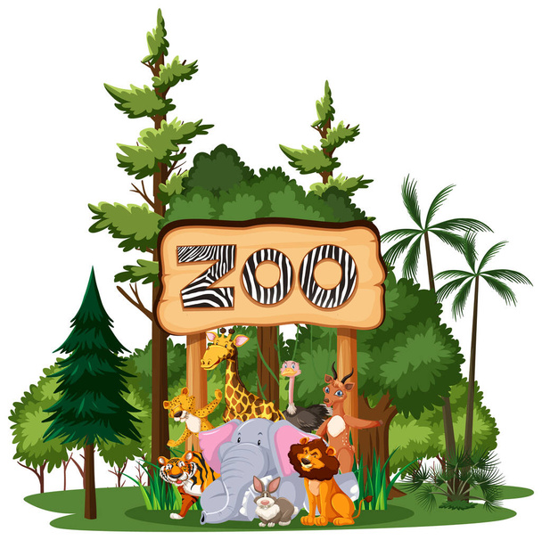 Animali selvatici o zoo gruppo di animali con elementi naturali su sfondo bianco illustrazione - Vettoriali, immagini